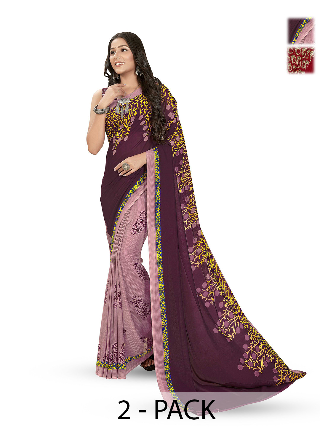

ANAND SAREES Selection Of 2 Floral Printed Sarees, Red