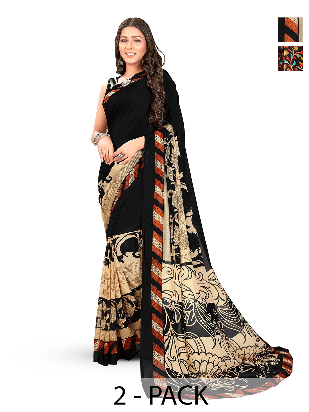 

ANAND SAREES Selection Of 2 Printed Sarees, Black