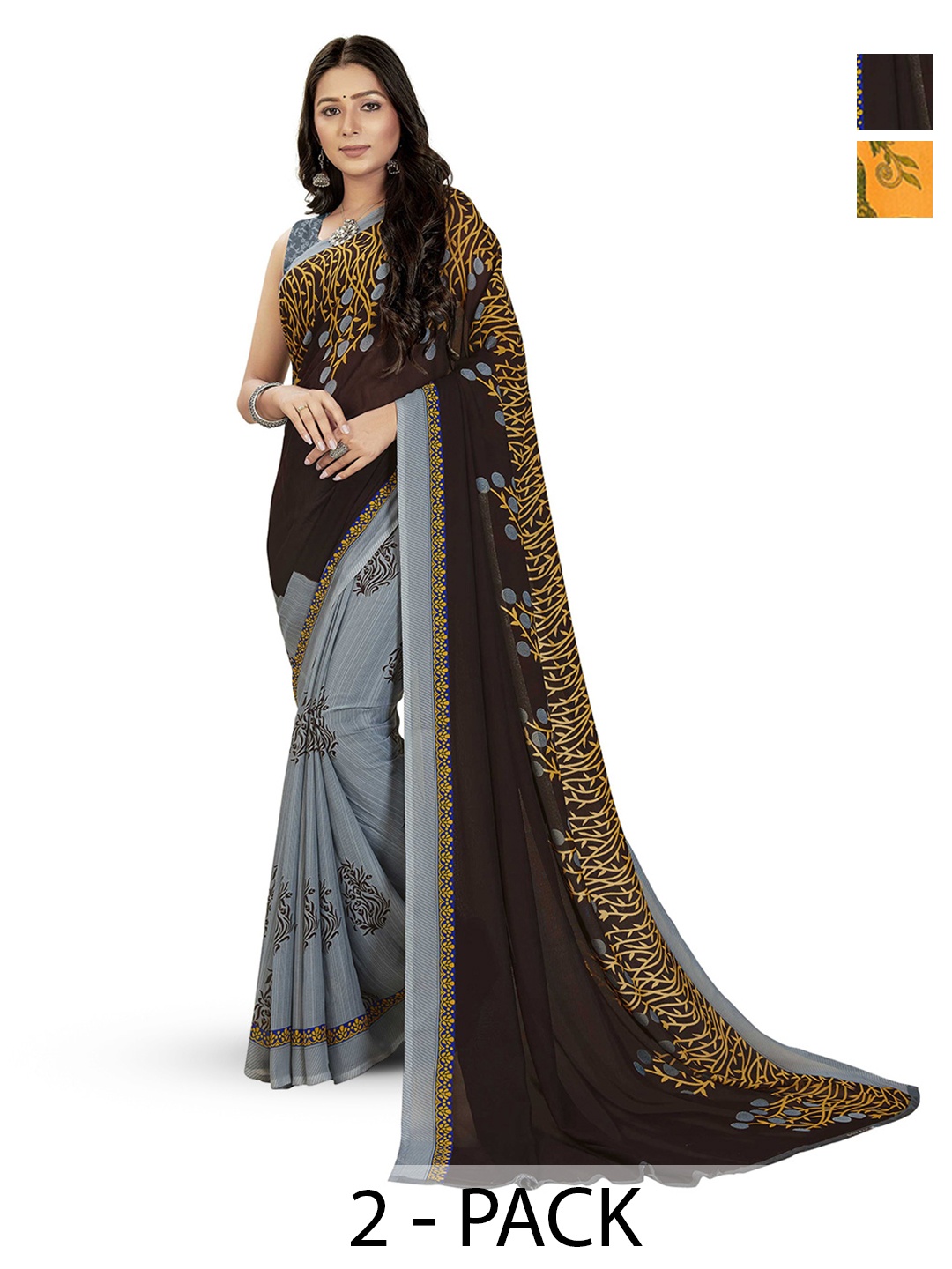 

ANAND SAREES Selection Of 2 Ethnic Motifs Printed Sarees, Yellow