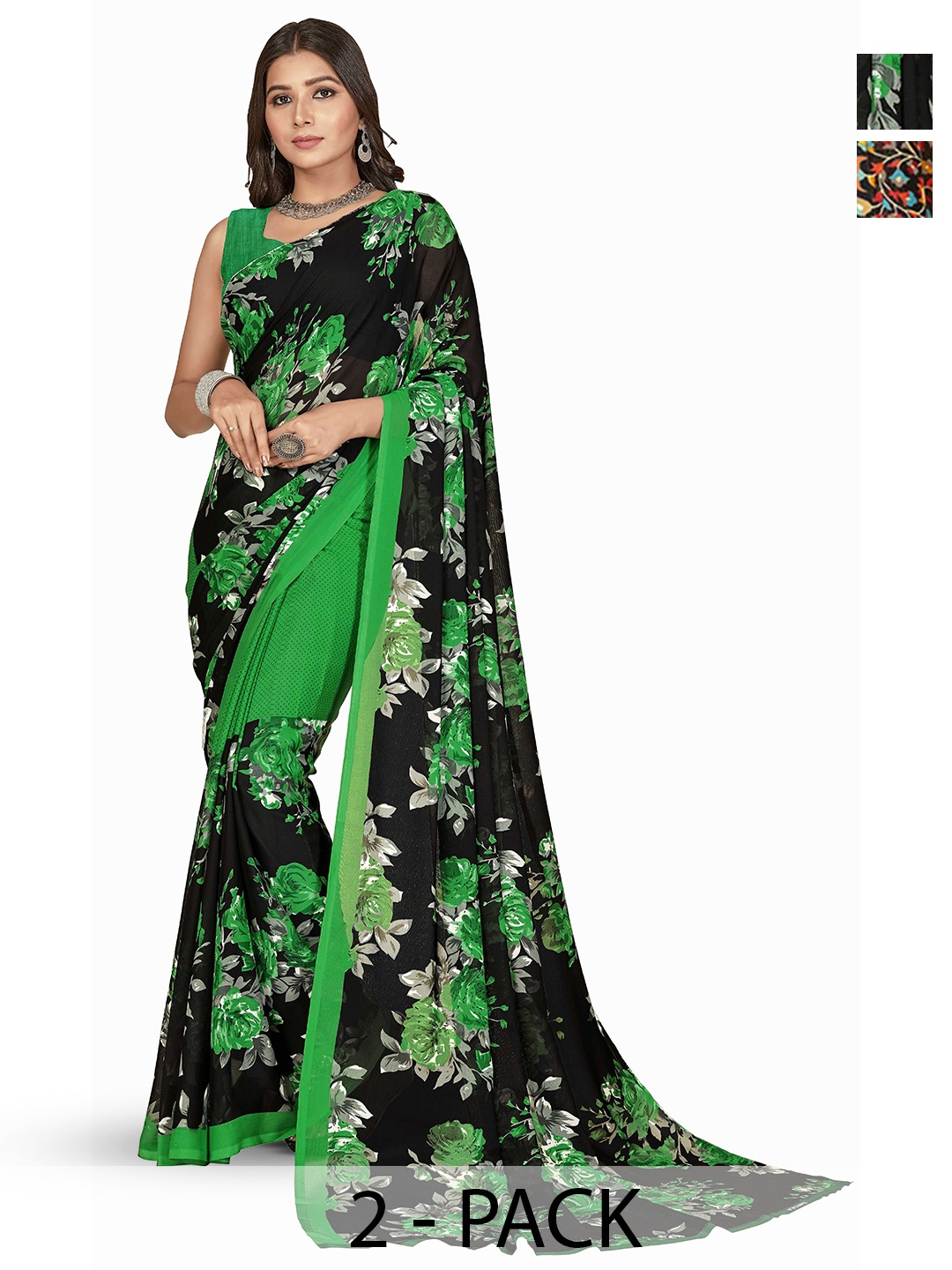 

ANAND SAREES Selection Of 2 Printed Sarees, Black