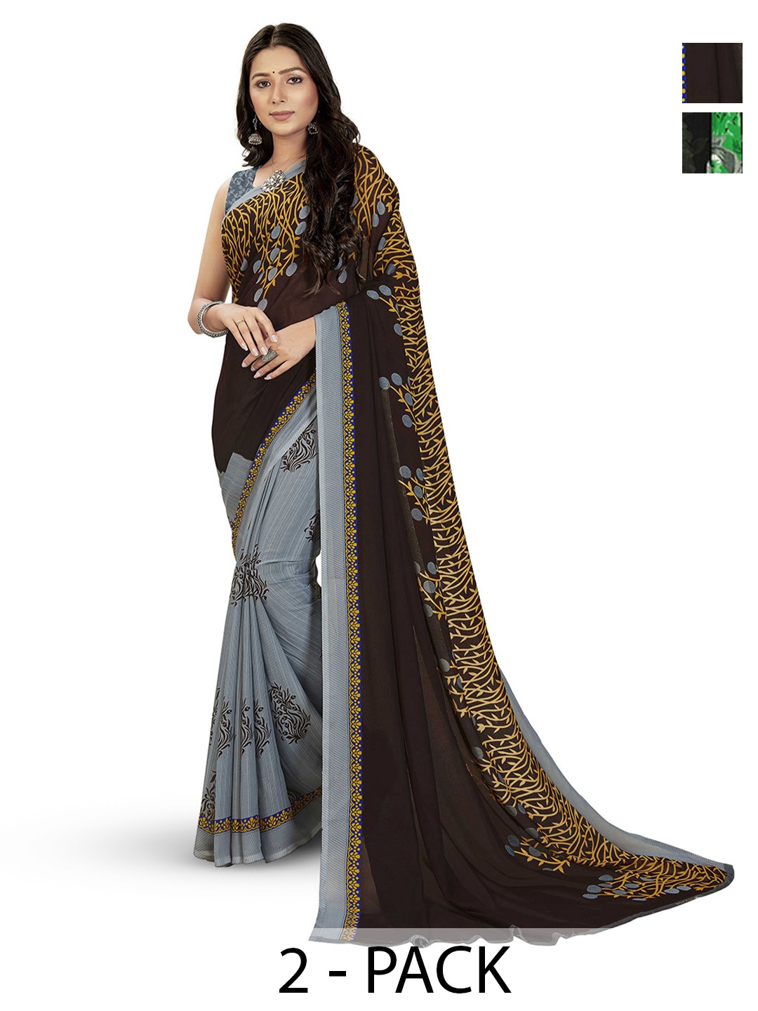 

ANAND SAREES Selection Of 2 Floral Printed Saree, Black