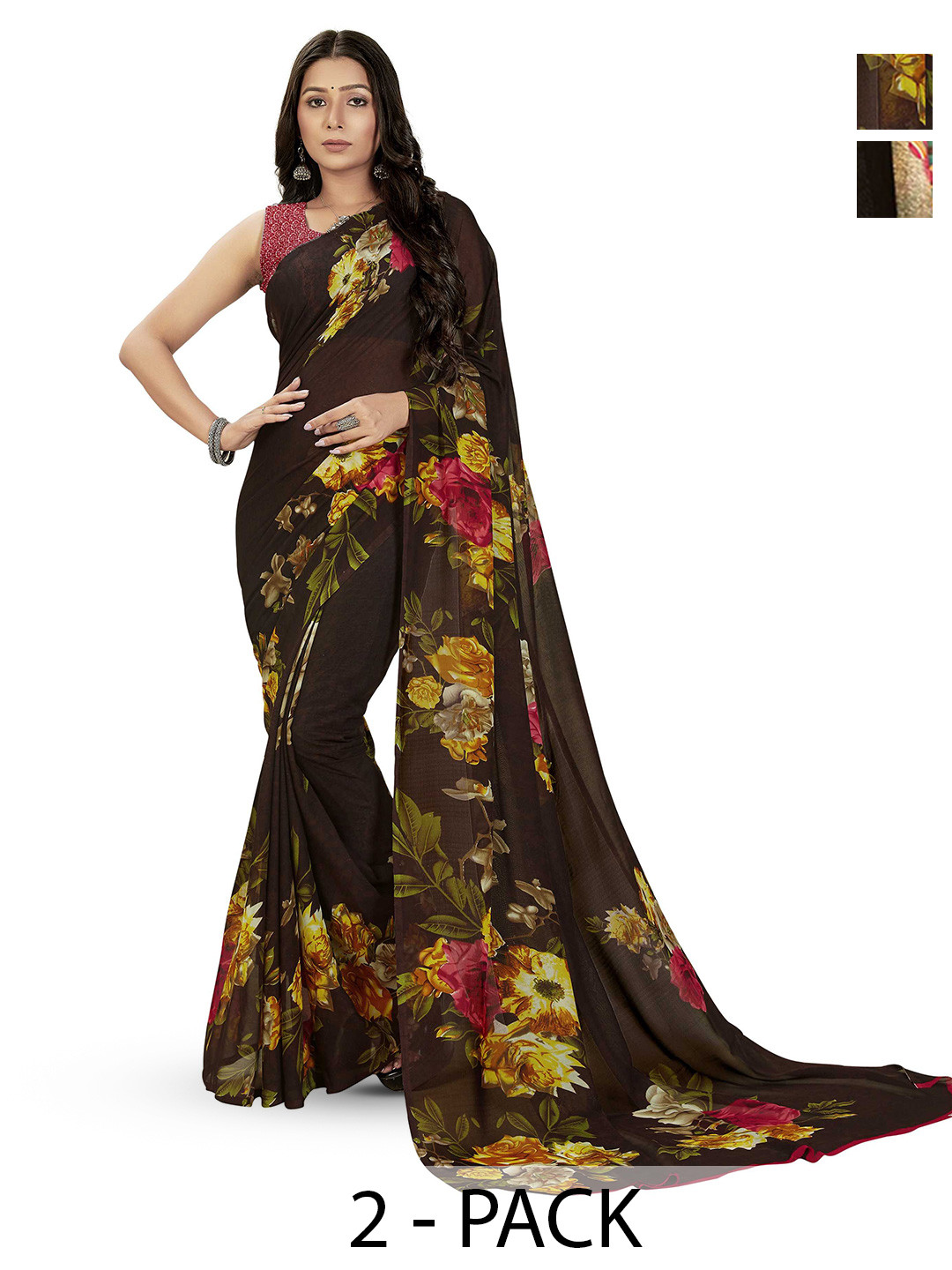 

ANAND SAREES Selection Of 2 Floral Printed Saree, Black