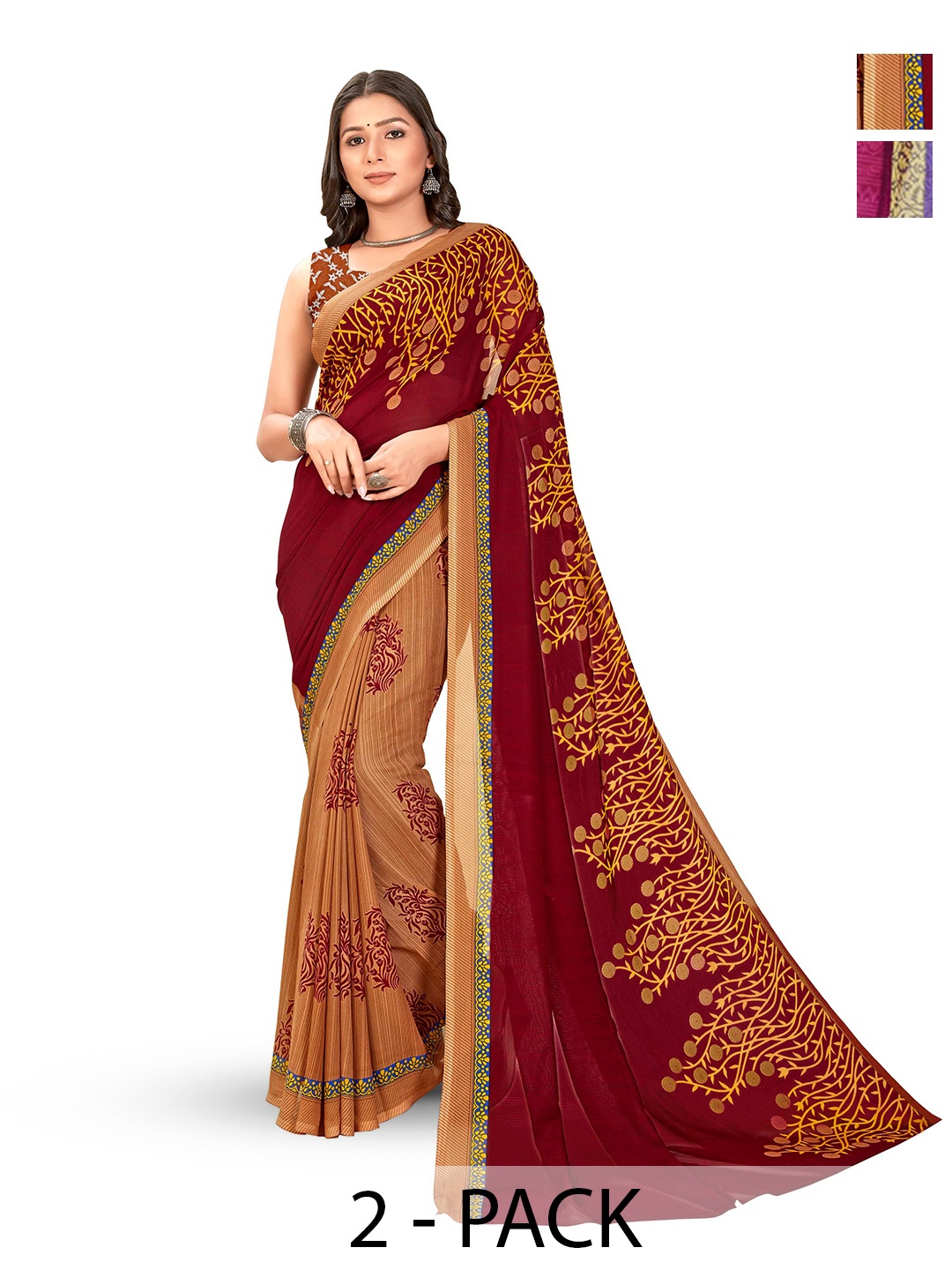 

ANAND SAREES Selection of 2 Floral Printed Saree, Brown