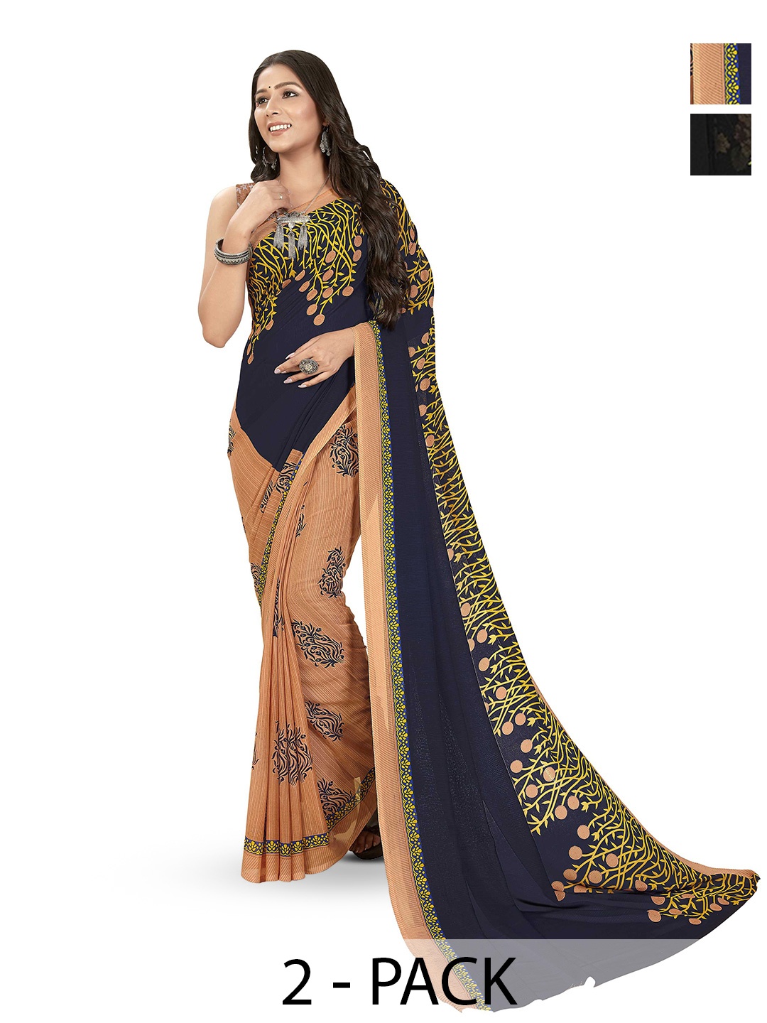 

ANAND SAREES Pack Of 2 Floral Printed Sarees, Black