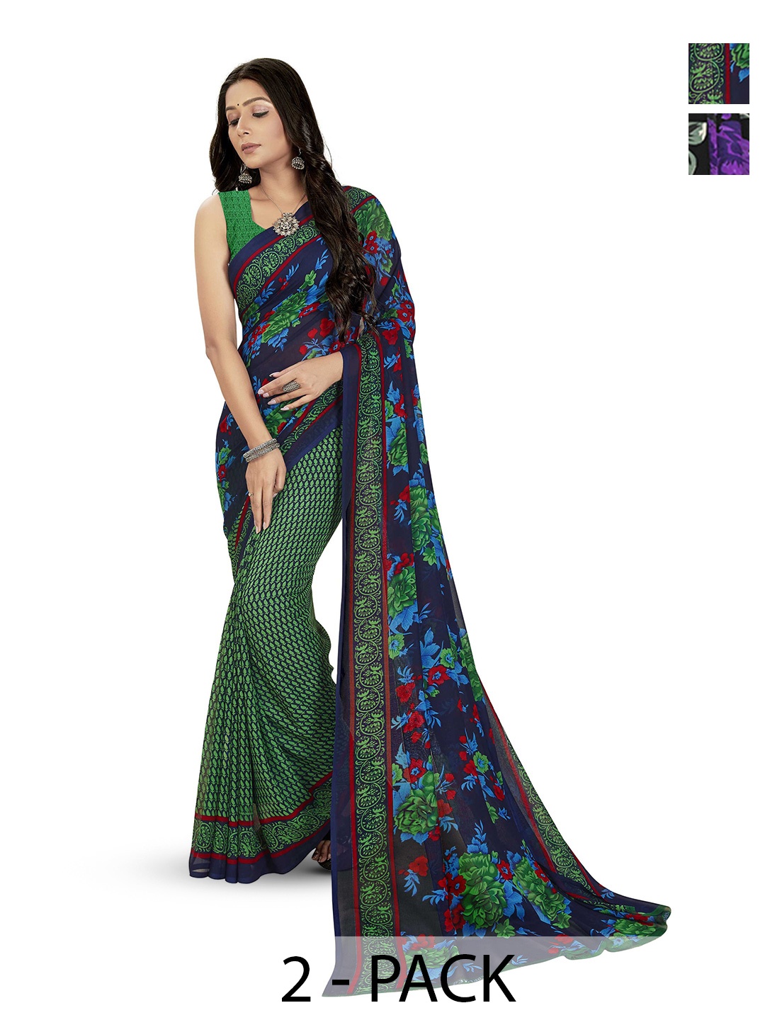 

ANAND SAREES Selection Of 2 Floral Printed Saree, Navy blue