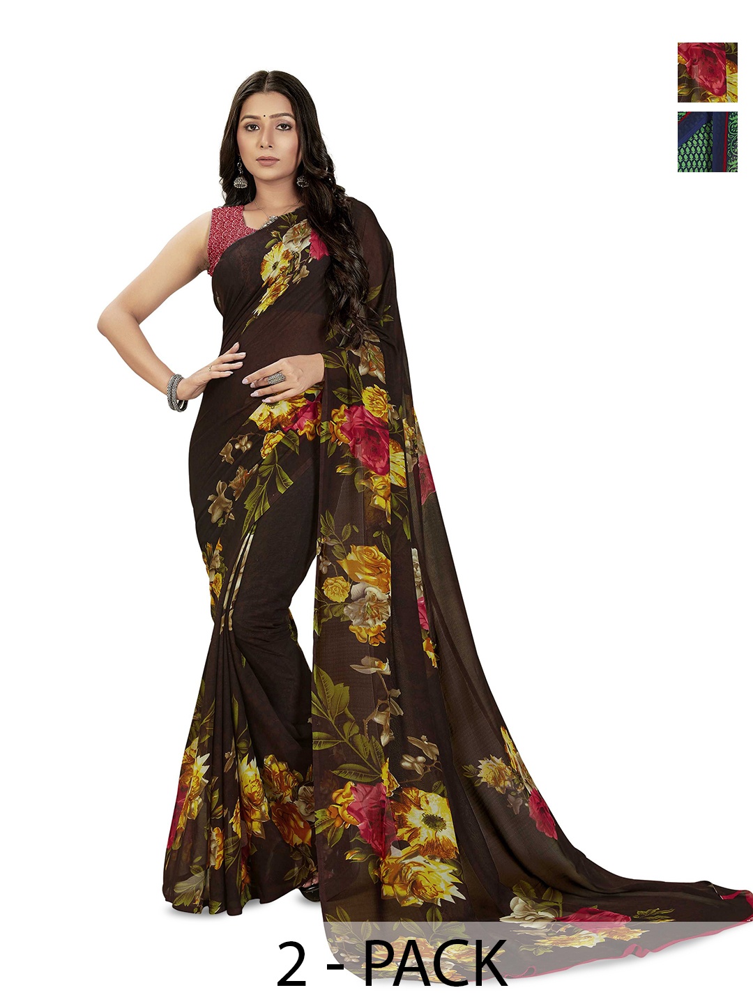 

ANAND SAREES Selection Of 2 Floral Printed Sarees, Black