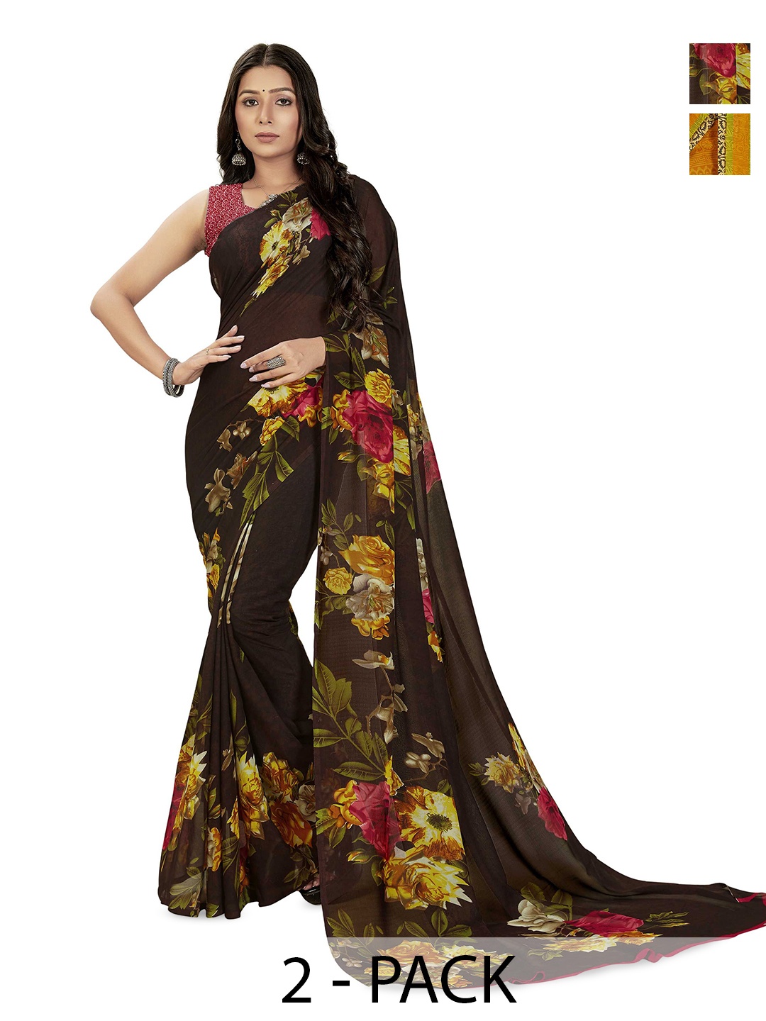 

ANAND SAREES Selection of 2 Floral Printed Sarees, Red