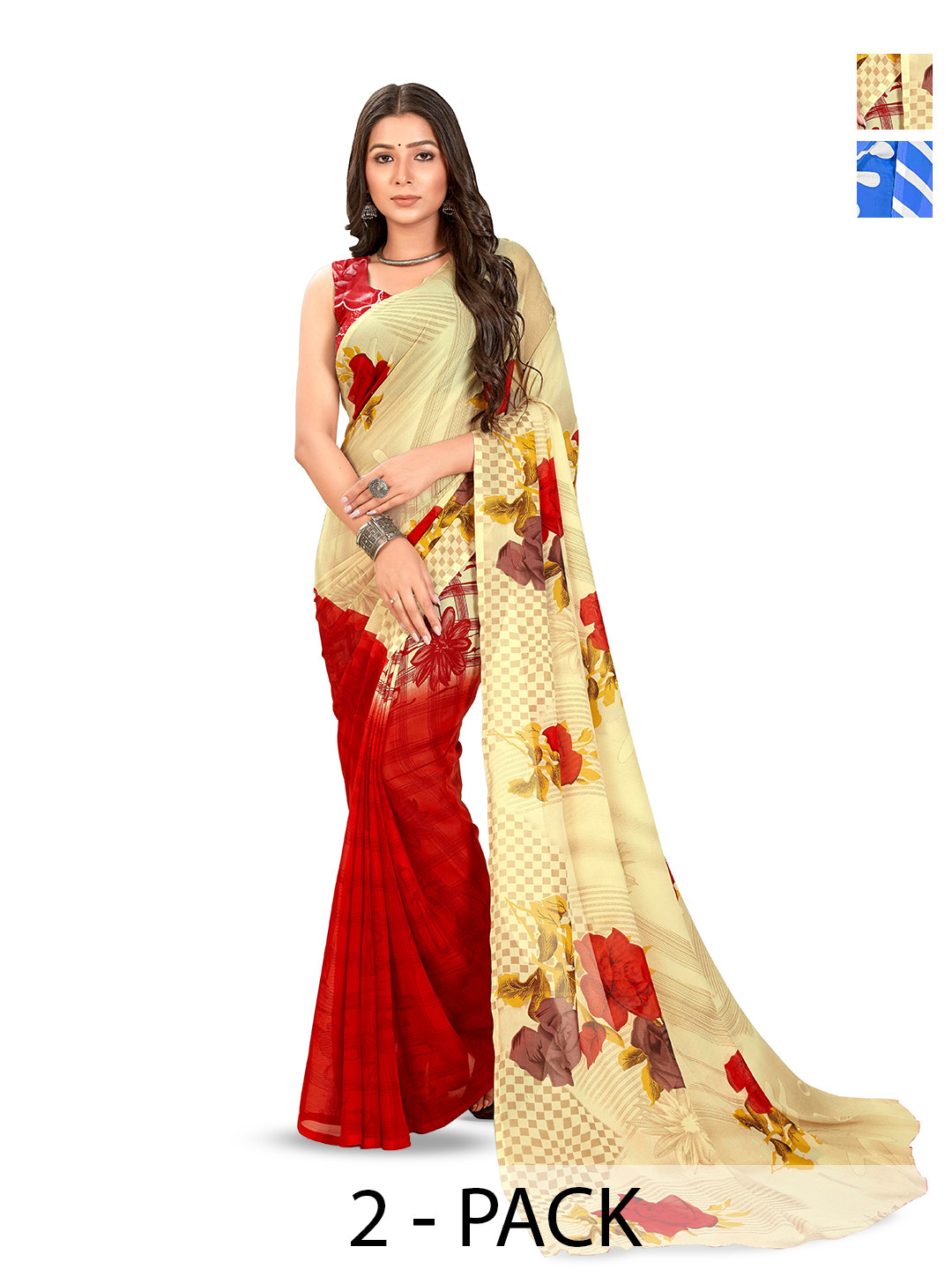 

ANAND SAREES Selection of 2 Floral Printed Sarees, Blue