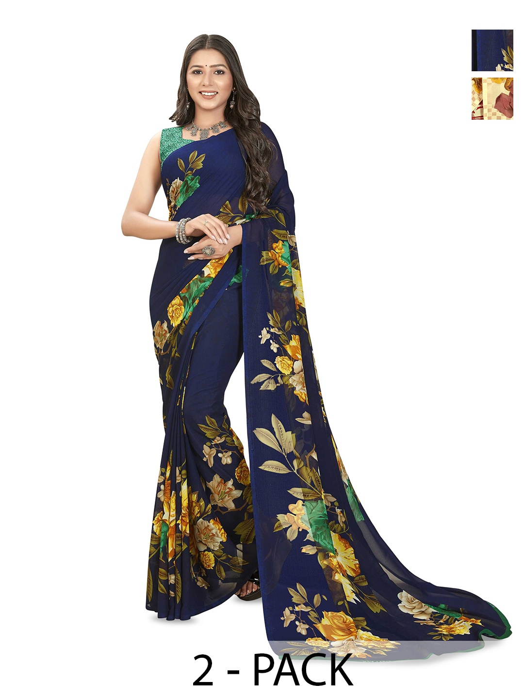 

ANAND SAREES Selection of 2 Floral Printed Saree, Navy blue