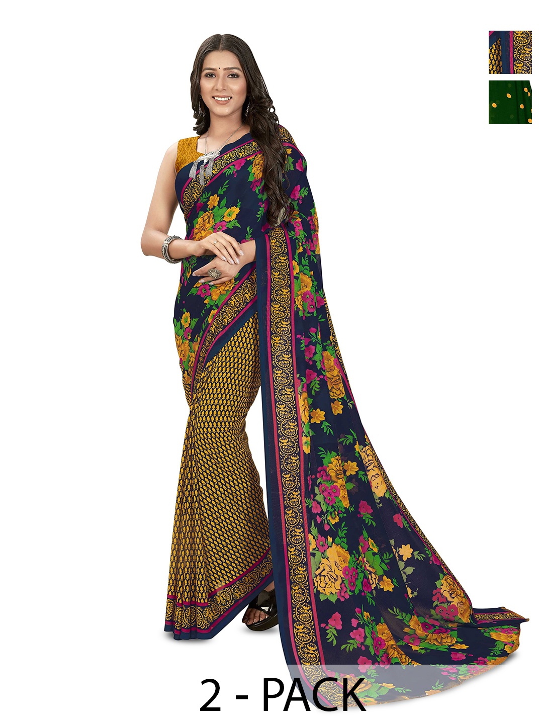 

ANAND SAREES Selection Of 2 Printed Saree, Navy blue