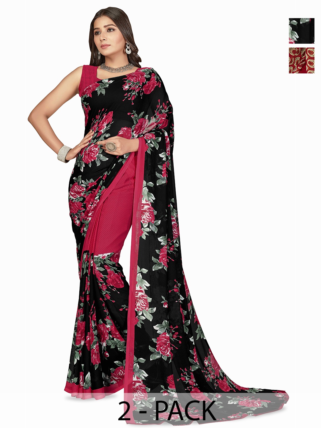 

ANAND SAREES Selection Of 2 Printed Sarees, Black