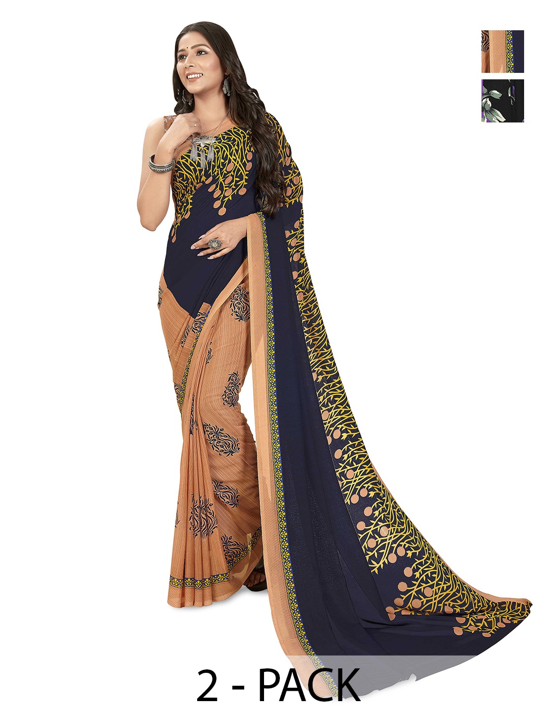 

ANAND SAREES Selection of 2 Printed Sarees, Black
