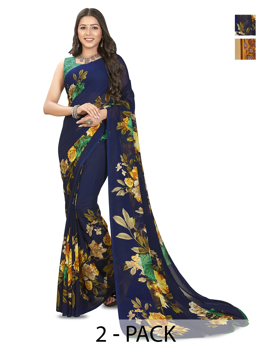 

ANAND SAREES Selection Of 2 Floral Printed Saree, Blue