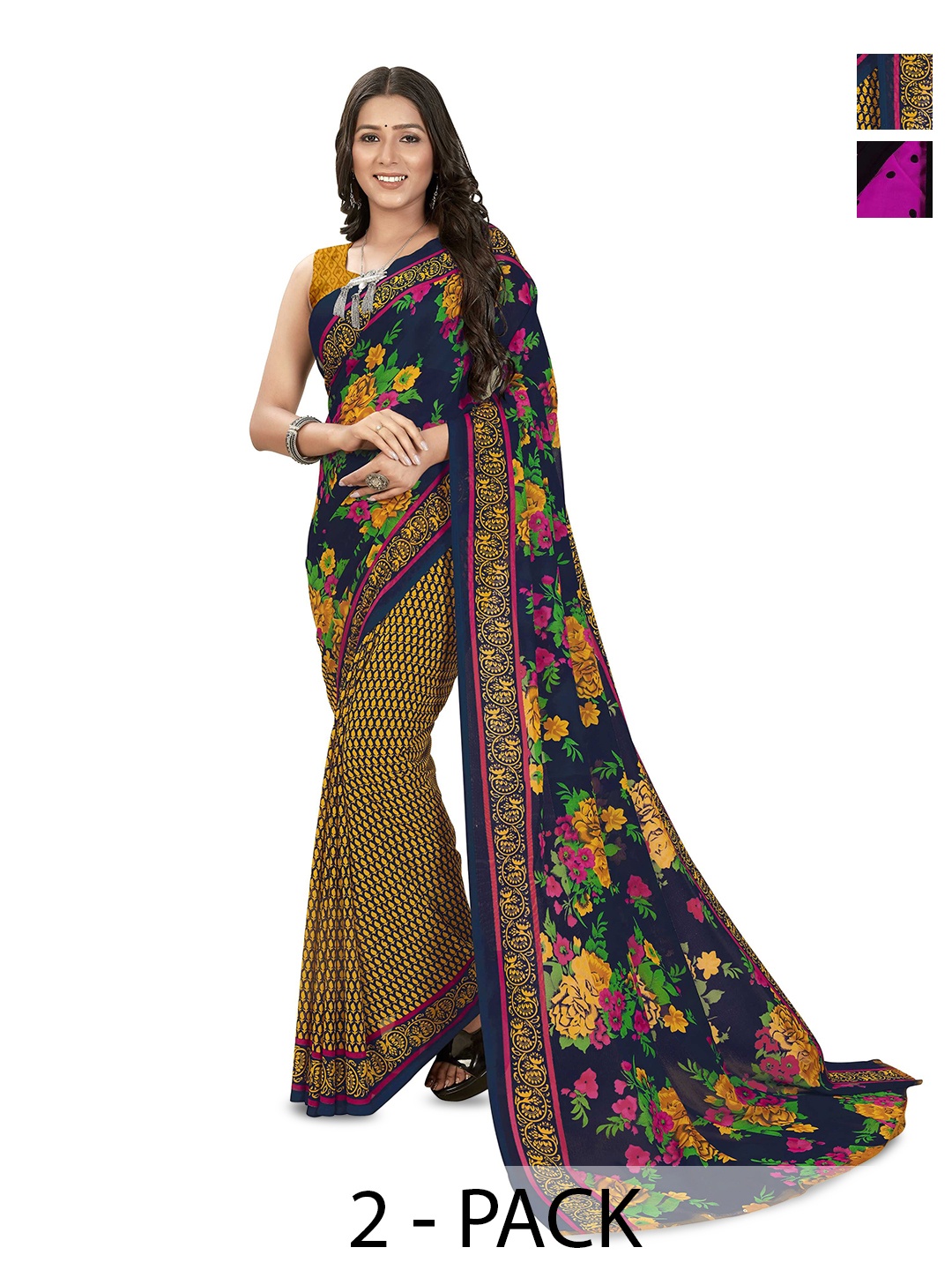 

ANAND SAREES Selection Of 2 Floral Printed Saree, Navy blue