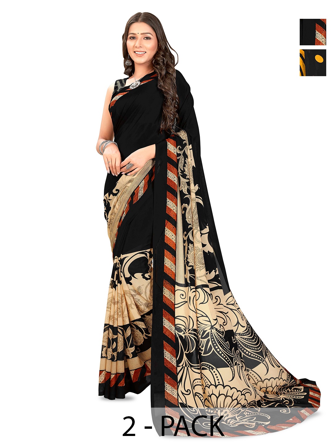 

ANAND SAREES Selection of 2 Polka Dot Printed Saree, Black