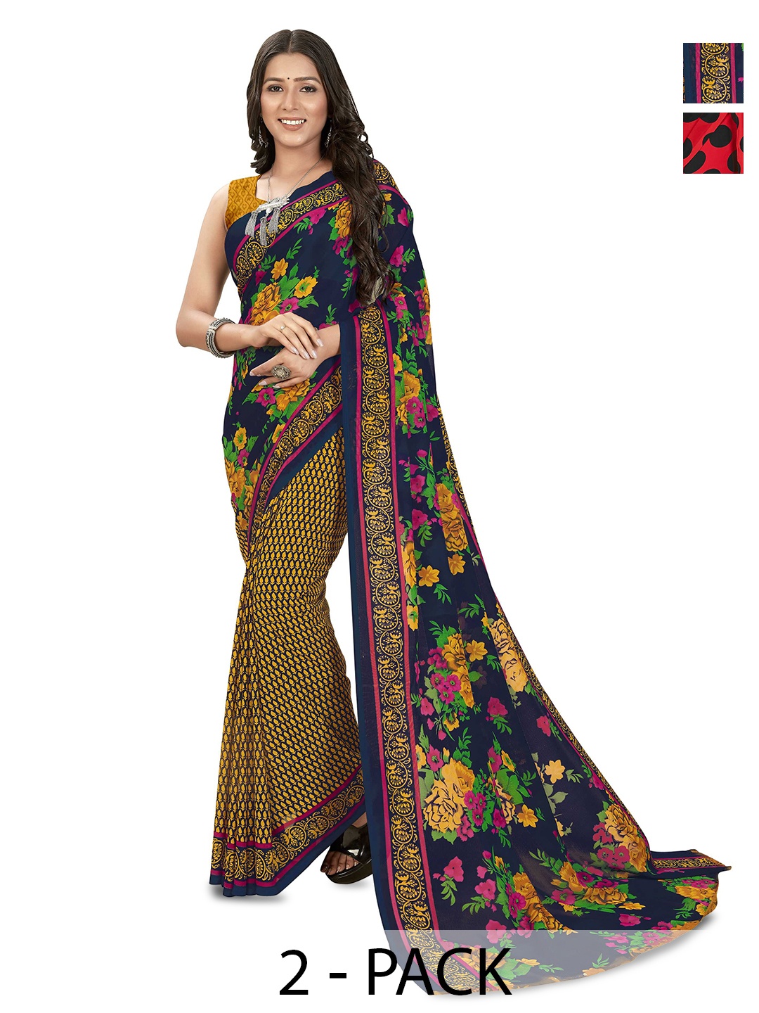 

ANAND SAREES Pack of 2 Floral Georgette Saree, Navy blue