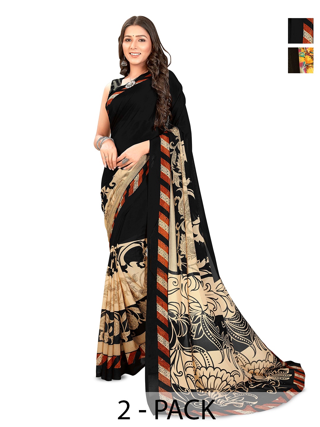 

ANAND SAREES Selection of 2 Printed Sarees, Black