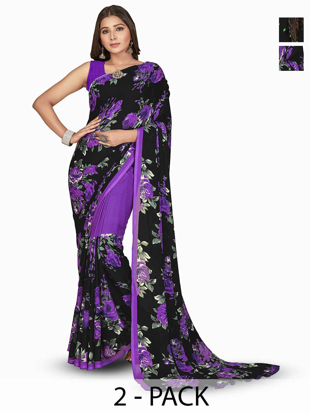 

ANAND SAREES Selection of 2 Polka Dot Saree, Black