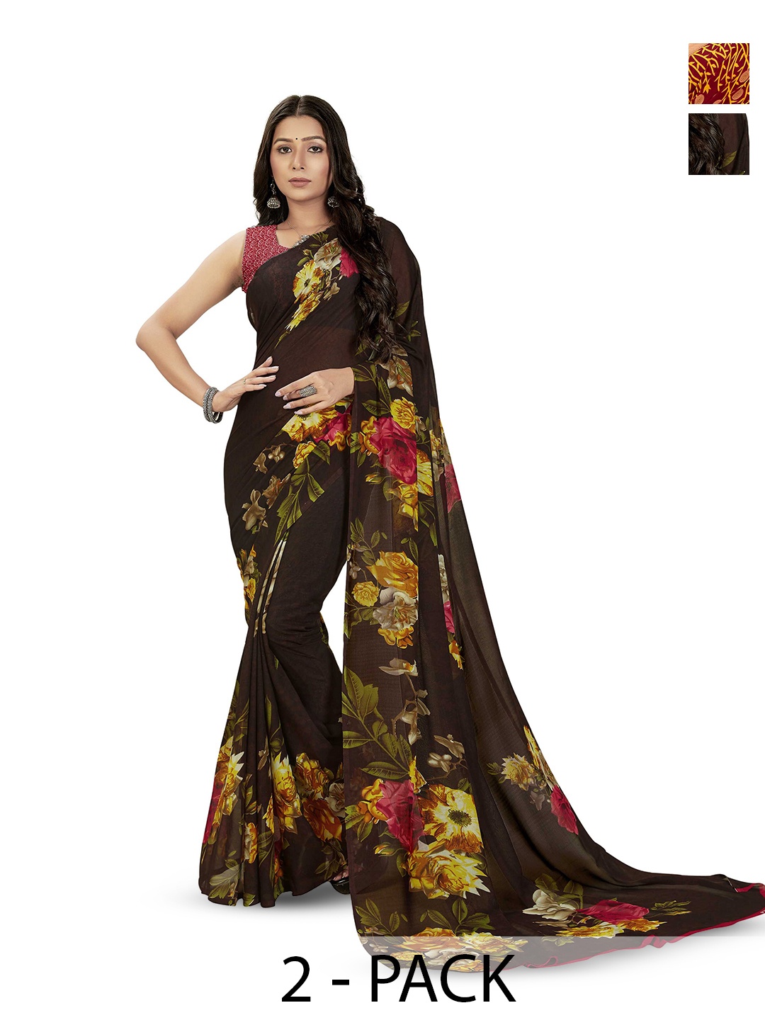 

ANAND SAREES Selection of 2 Floral Printed Saree, Black