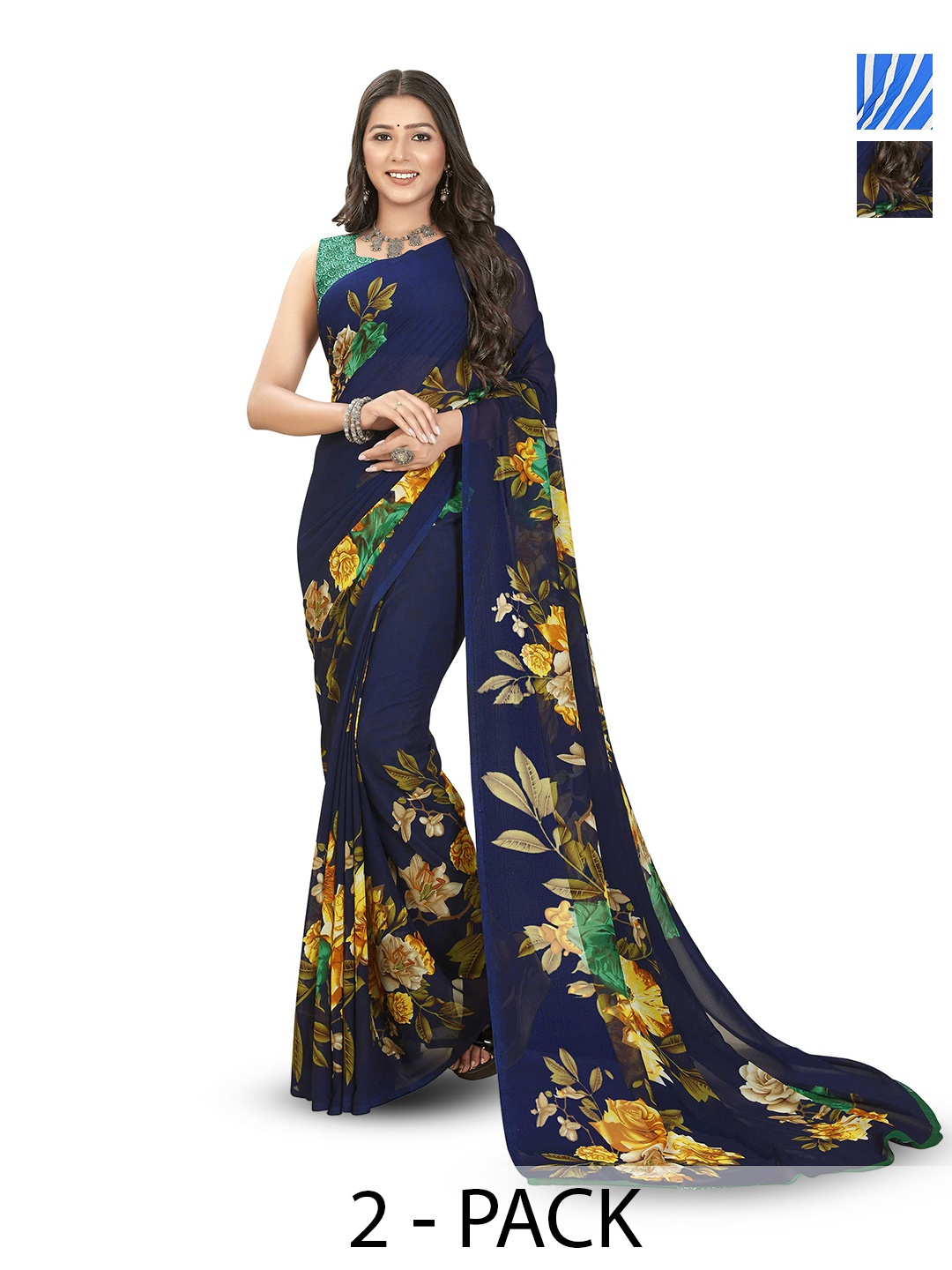 

ANAND SAREES Selection Of 2 Floral Printed Sarees, Blue
