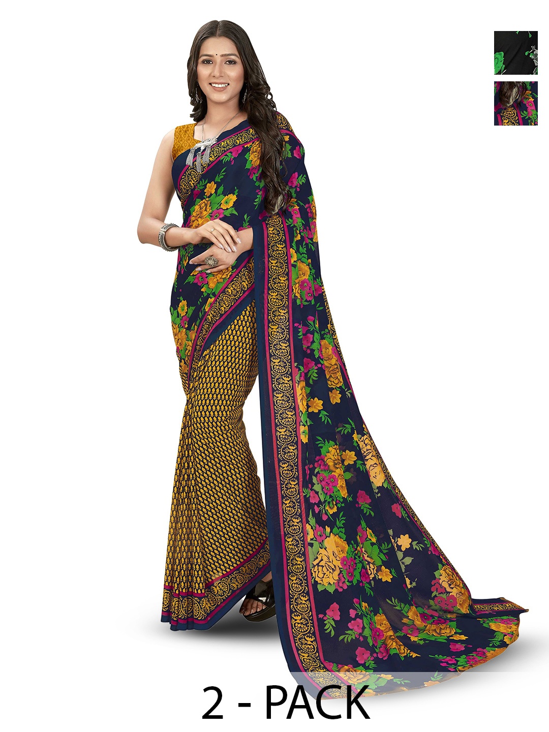 

ANAND SAREES Selection Of 2 Floral Printed Saree, Black