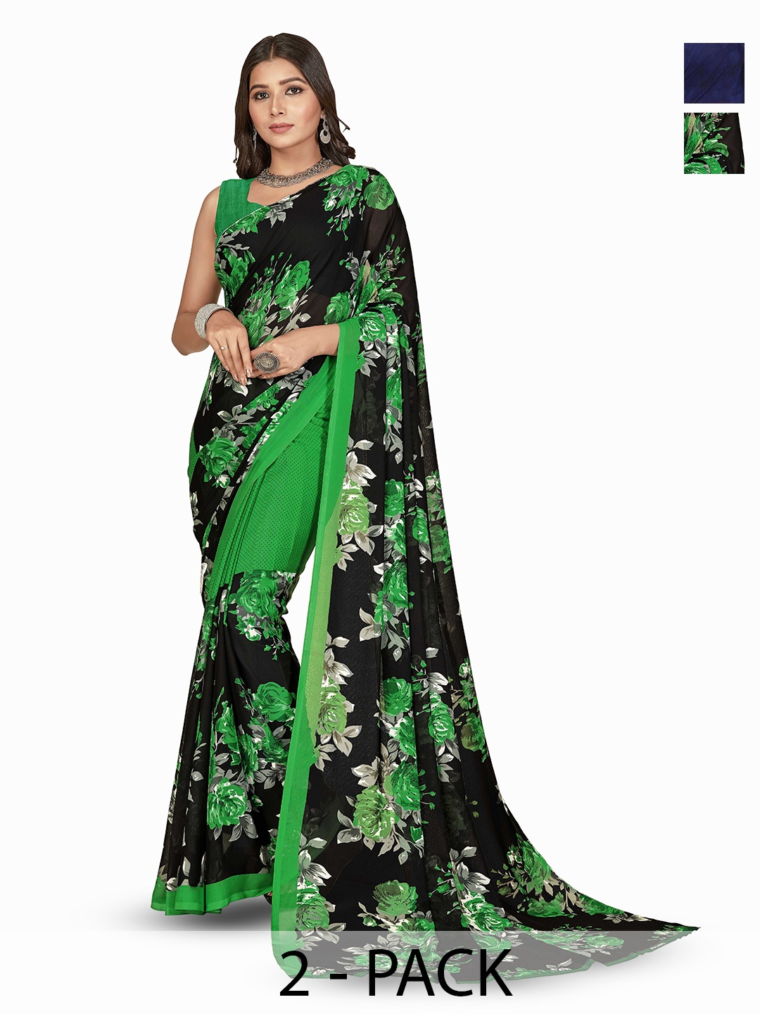 

ANAND SAREES Selection Of 2 Floral Printed Sarees, Green