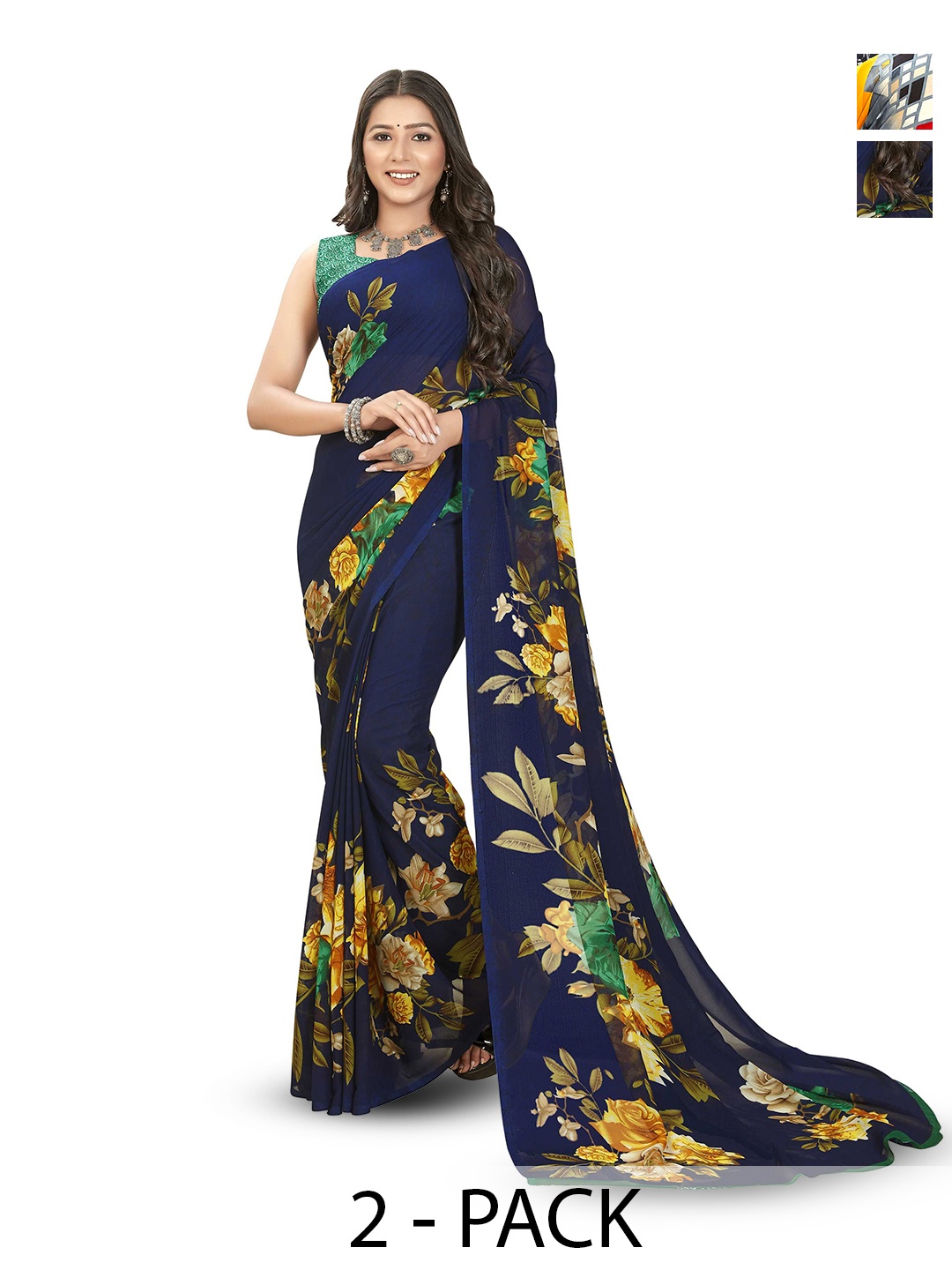 

ANAND SAREES Selection Of 2 Floral Printed Sarees, Blue