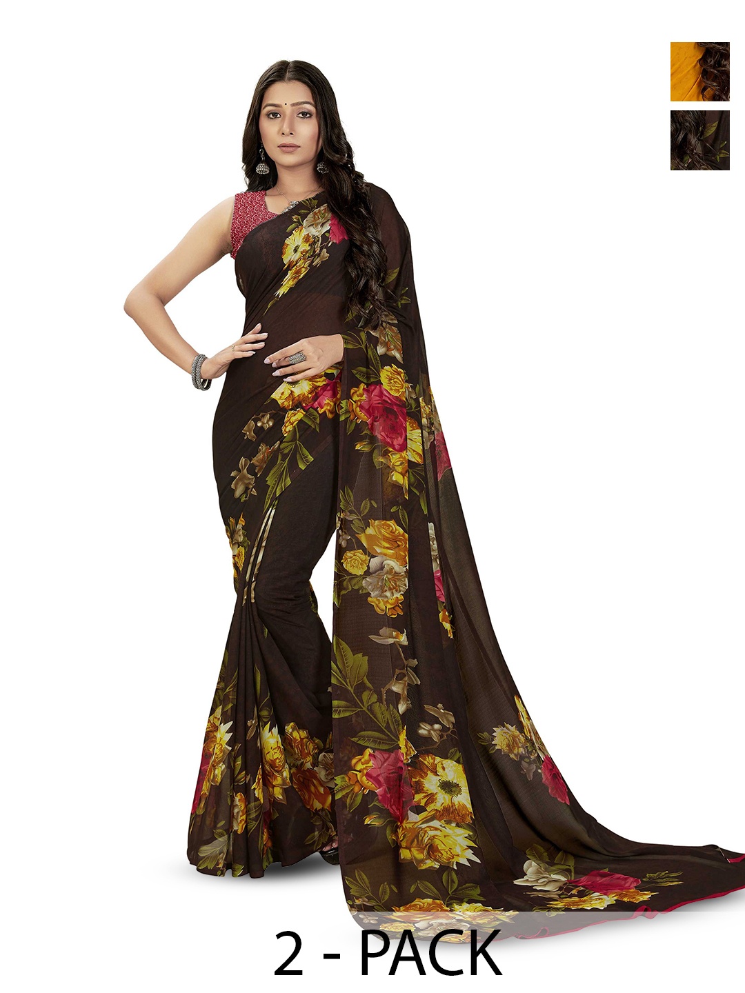 

ANAND SAREES Selection Of 2 Printed Saree, Black