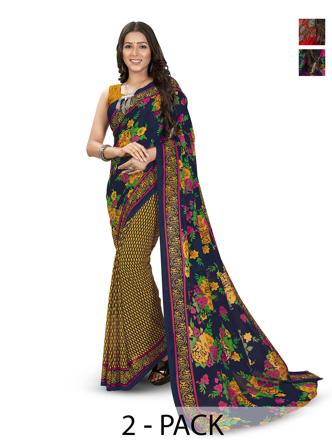 

ANAND SAREES Selection Of 2 Floral Printed Sarees, Red
