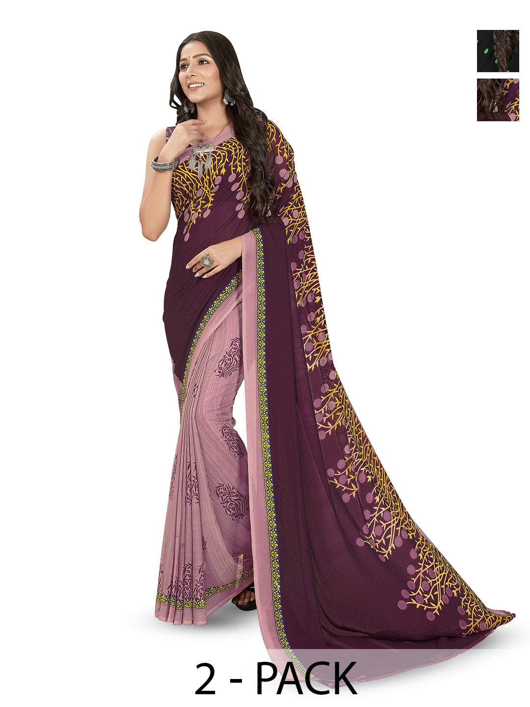 

ANAND SAREES Pack Of 2 Polka Dots Printed Sarees, Black