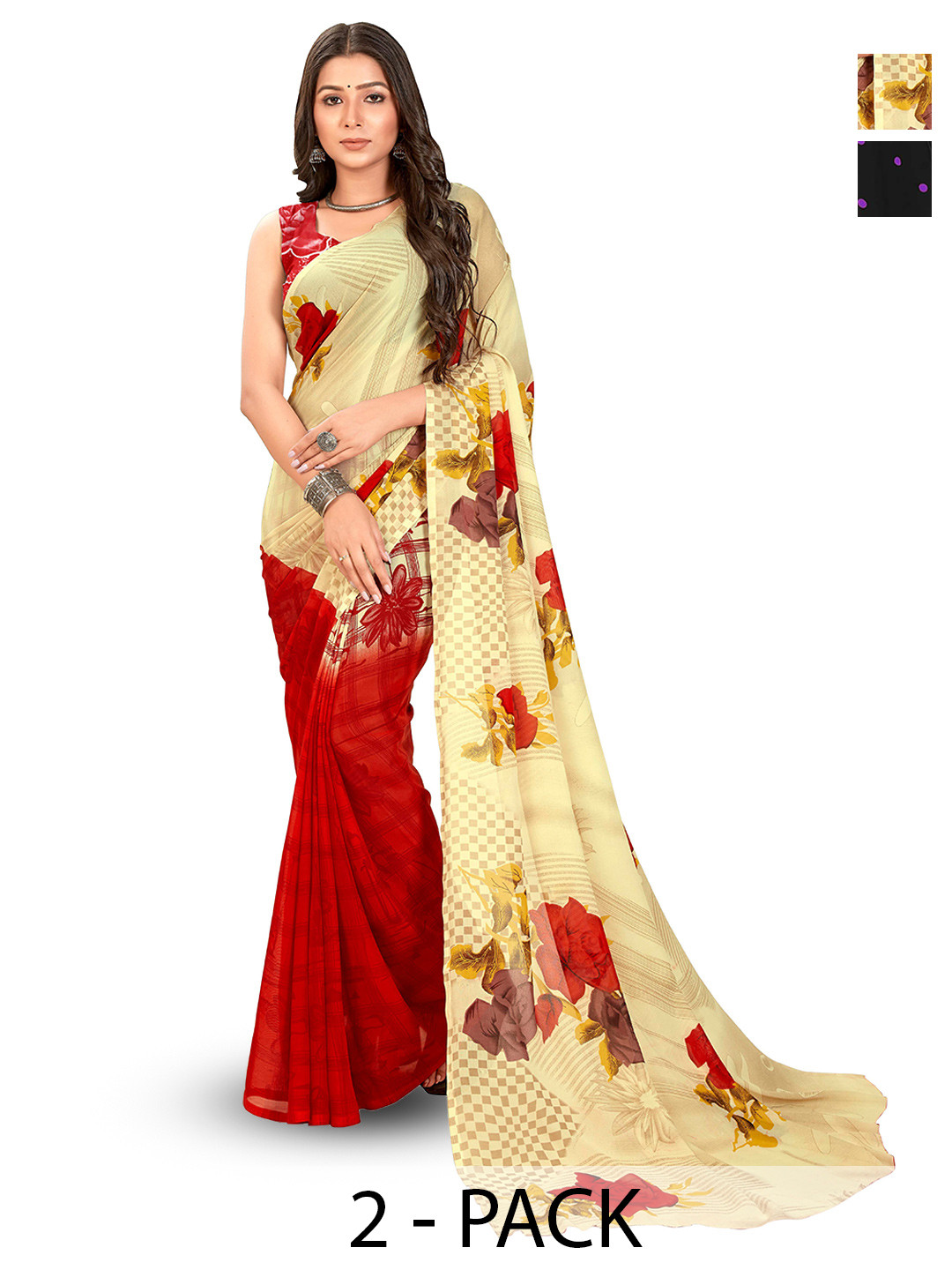 

ANAND SAREES Selection Of 2 Floral Printed Sarees, Red