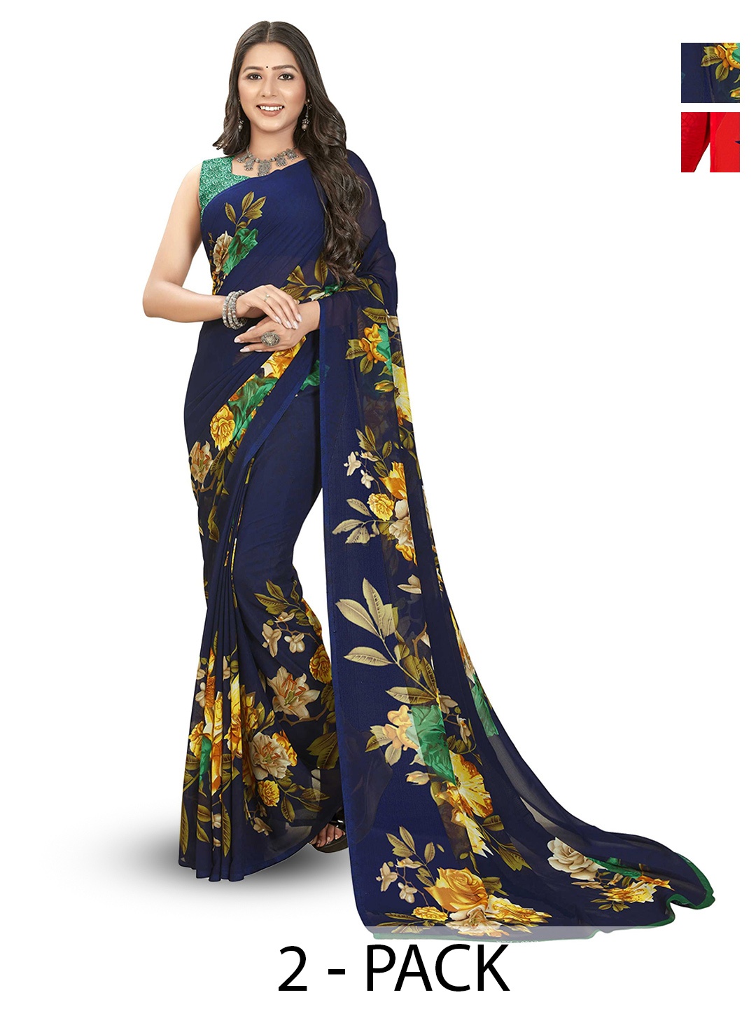 

ANAND SAREES Selection of 2 Floral Printed Sarees, Blue