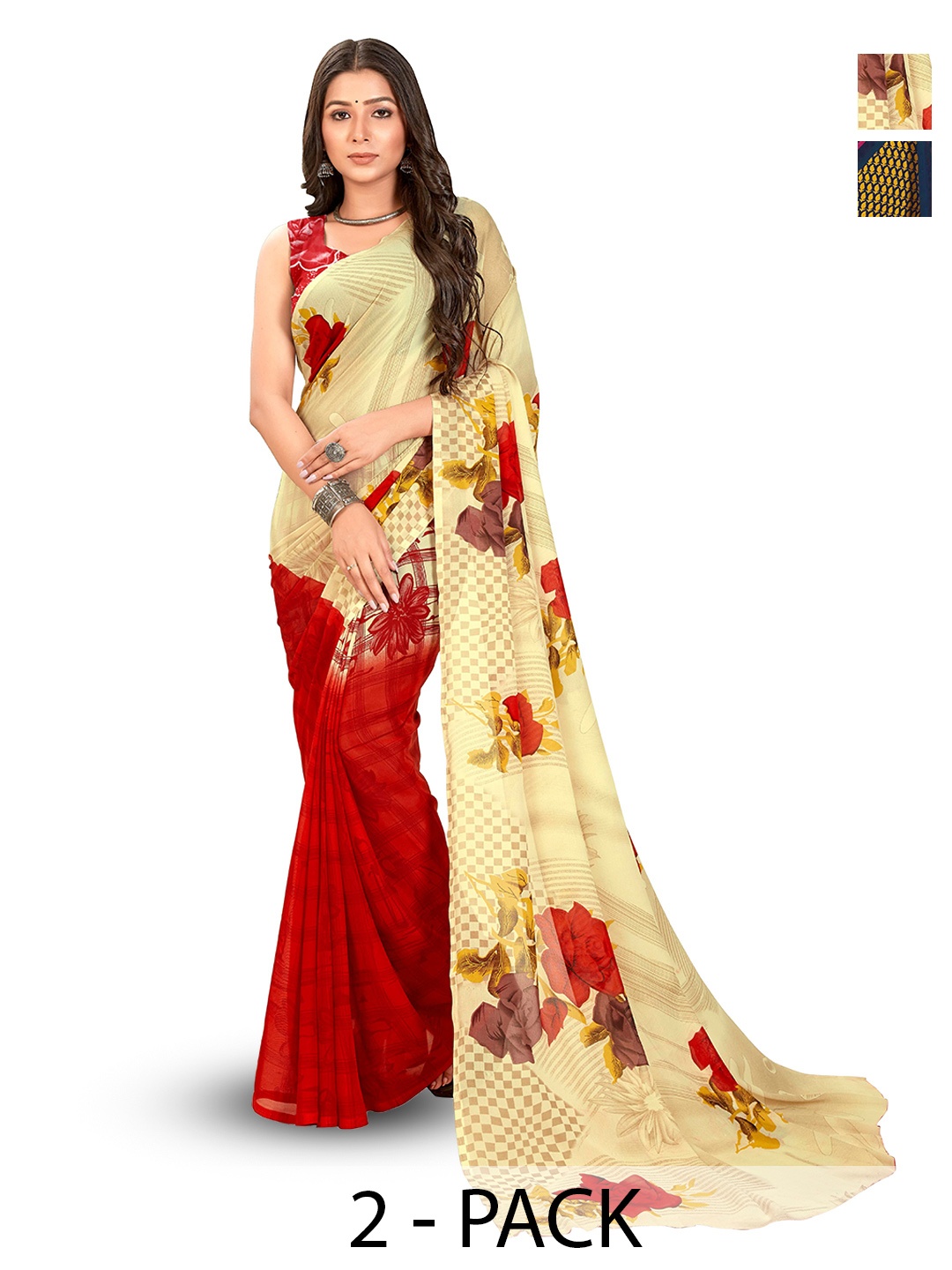 

ANAND SAREES Selection of 2 Printed Sarees, Red