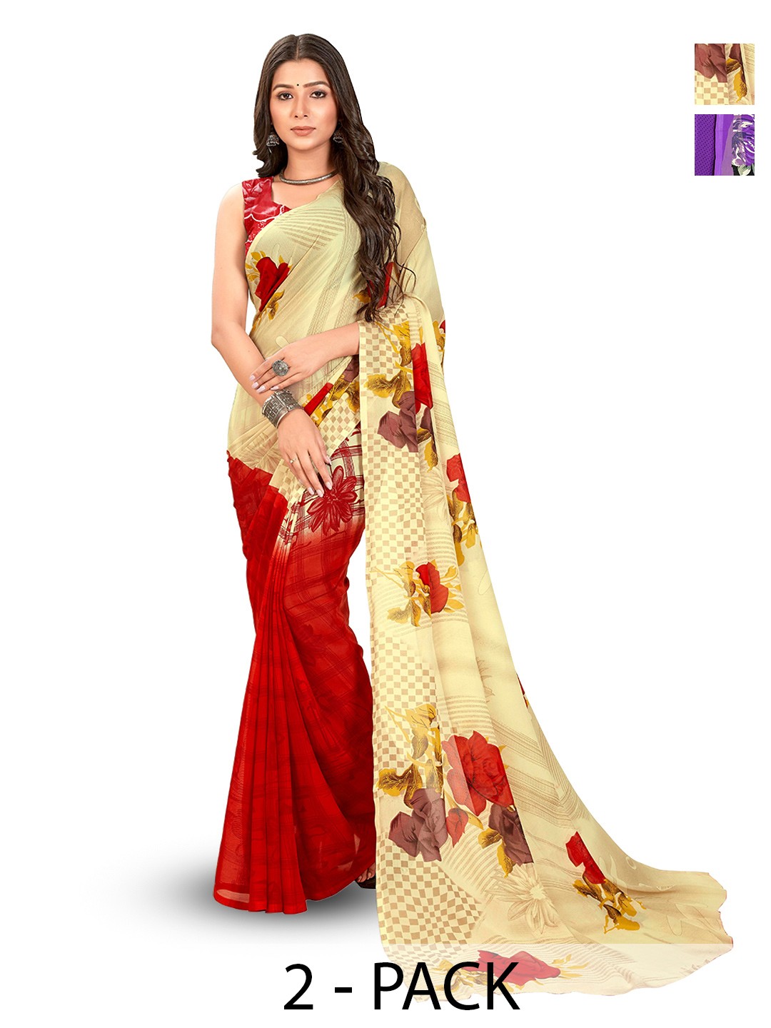 

ANAND SAREES Selection of 2 Floral Printed Sarees, Black
