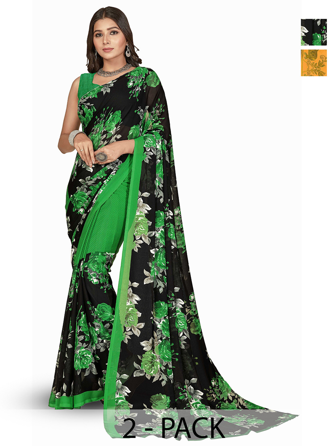 

ANAND SAREES Selection Of 2 Floral Printed Saree, Black