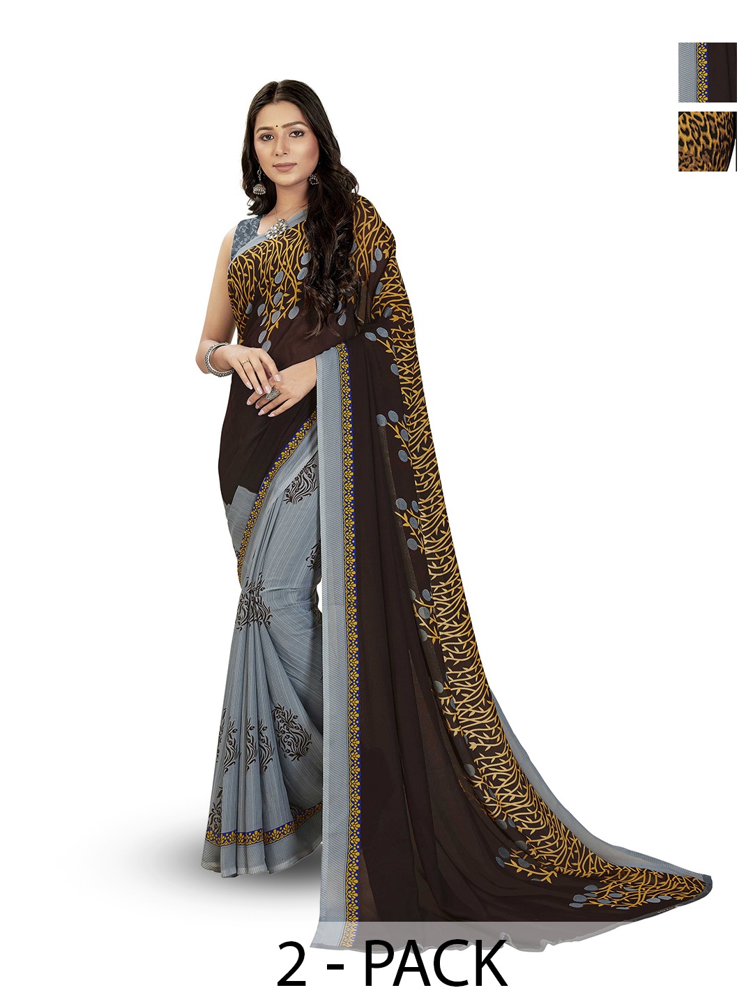 

ANAND SAREES Selection Of 2 Abstract Printed Sarees, Brown