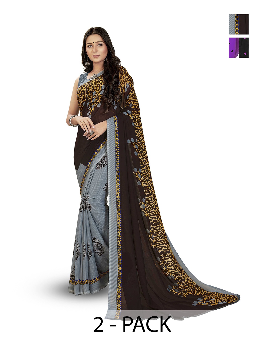 

ANAND SAREES Selection Of 2 Printed Half and Half Sarees, Purple