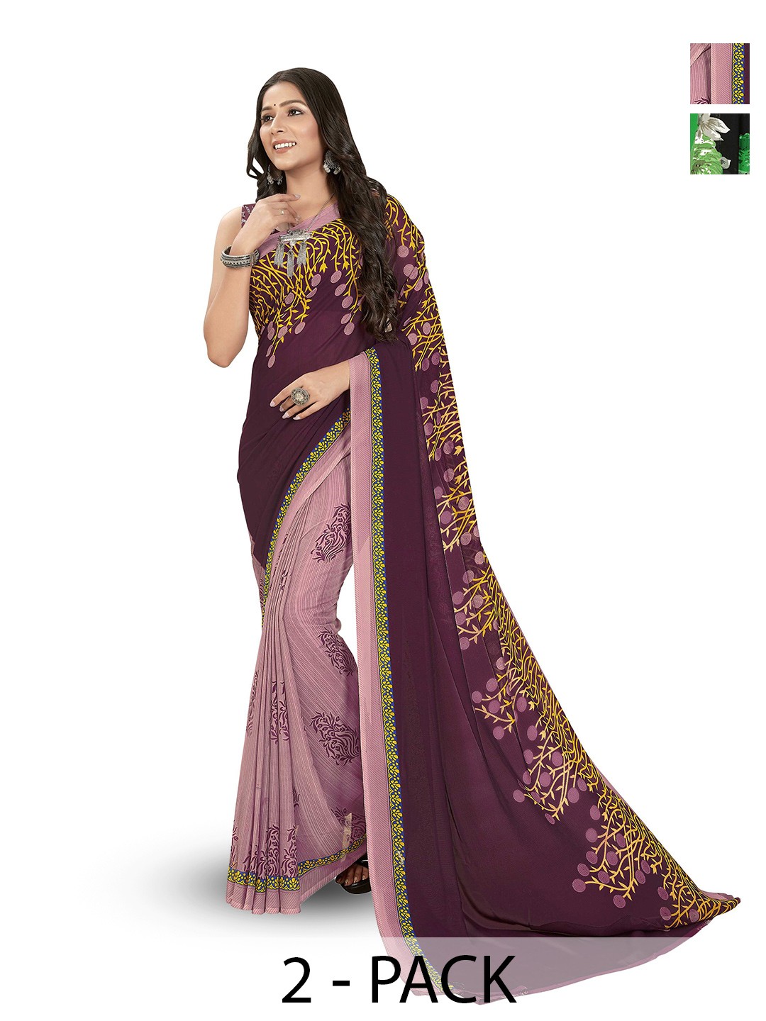 

ANAND SAREES Selection Of 2 Floral Sarees, Black
