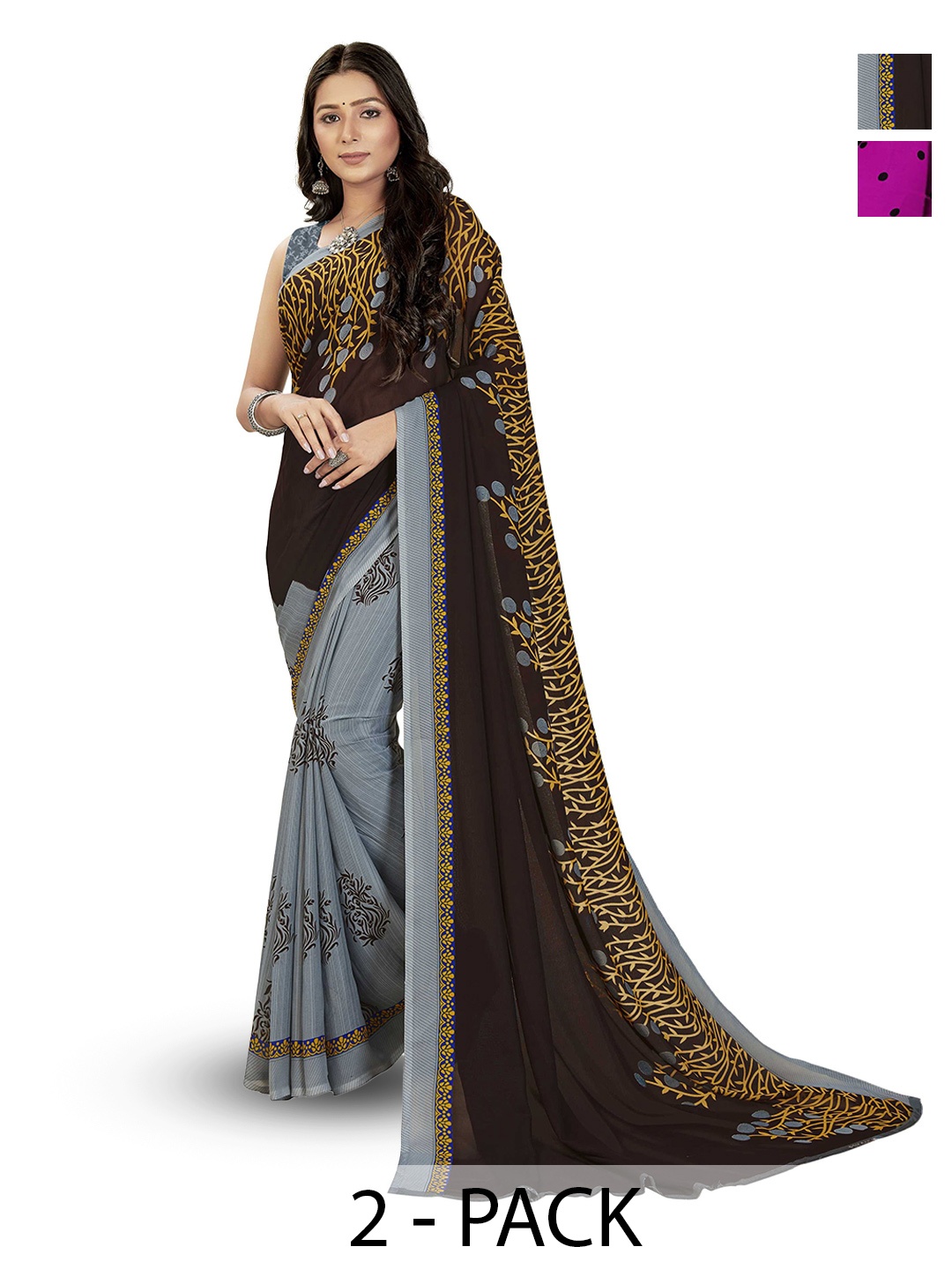 

ANAND SAREES Selection of 2 Floral Printed Saree, Grey