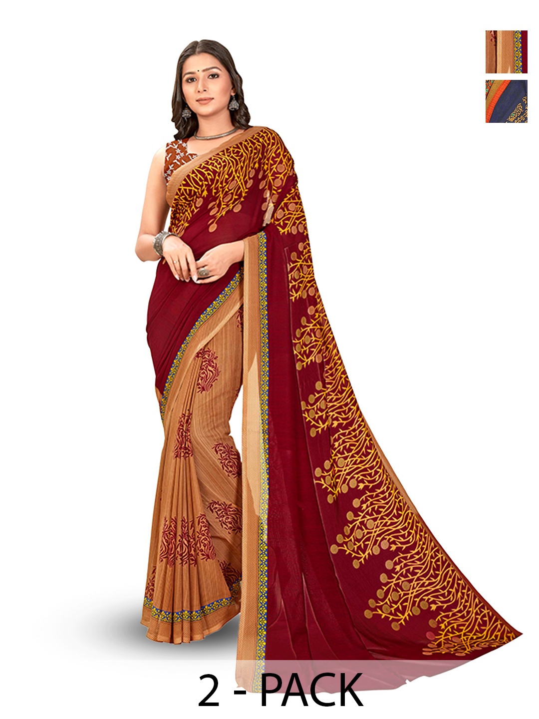 

ANAND SAREES Selection Of 2 Floral Printed Sarees, Brown