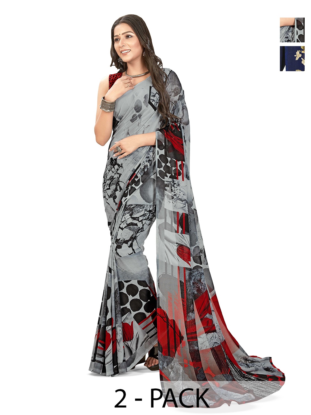 

ANAND SAREES Selection of 2 Floral Printed Saree, Blue
