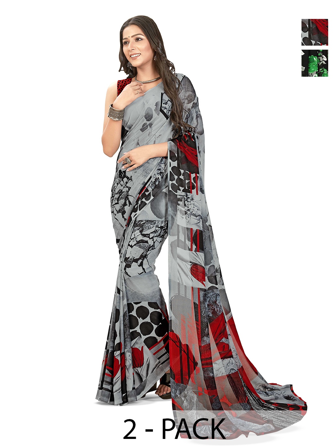 

ANAND SAREES Selection Of 2 Floral Printed Sarees, Green