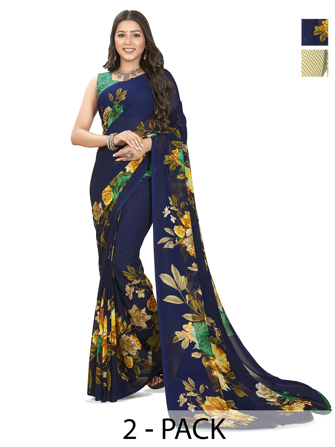 

ANAND SAREES Pack of 2 Floral Georgette Saree, Navy blue