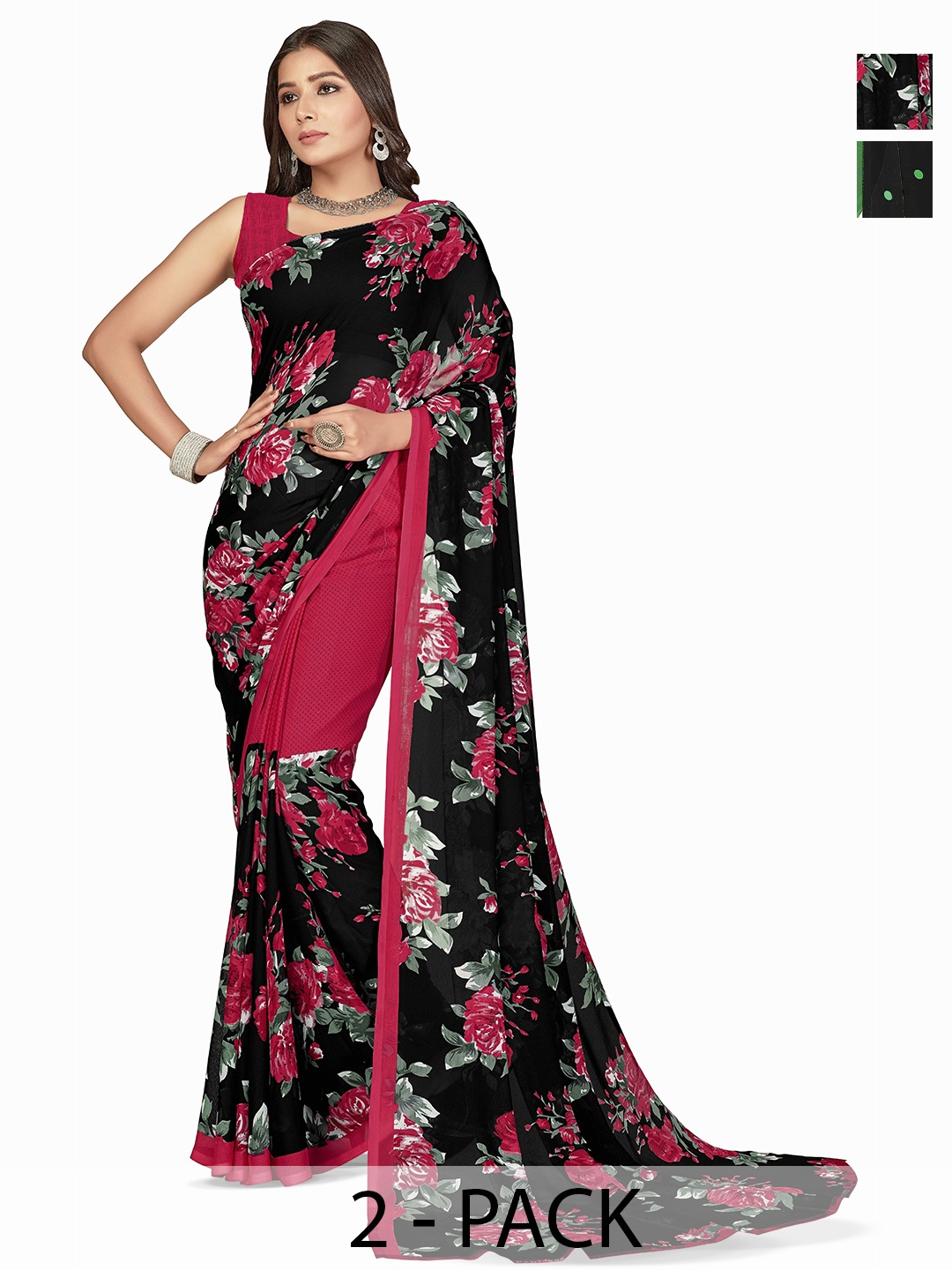 

ANAND SAREES Selection Of 2 Polka Dot Printed Sarees, Green