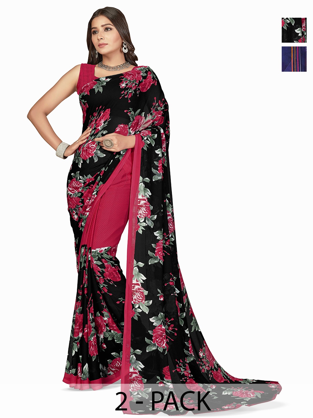 

ANAND SAREES Selection Of 2 Floral Printed Saree, Blue