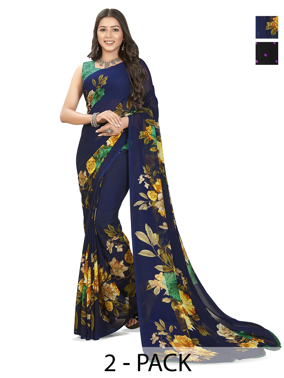 

ANAND SAREES Selection Of 2 Floral Sarees, Blue