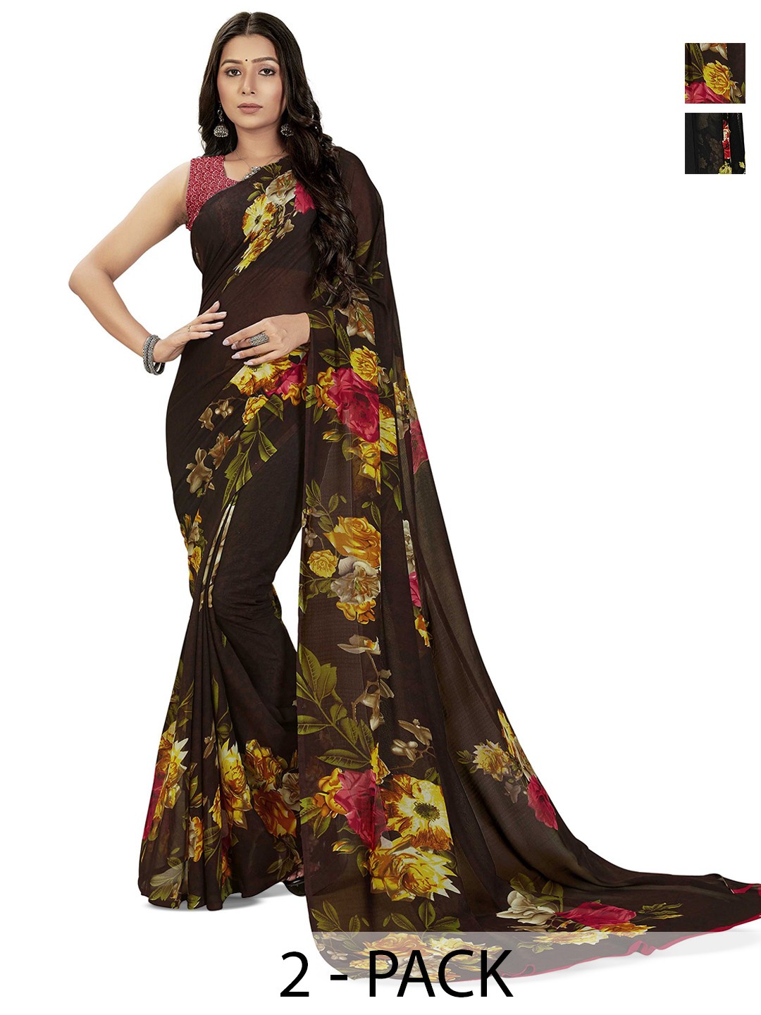 

ANAND SAREES Selection Of 2 Floral Printed Saree, Black