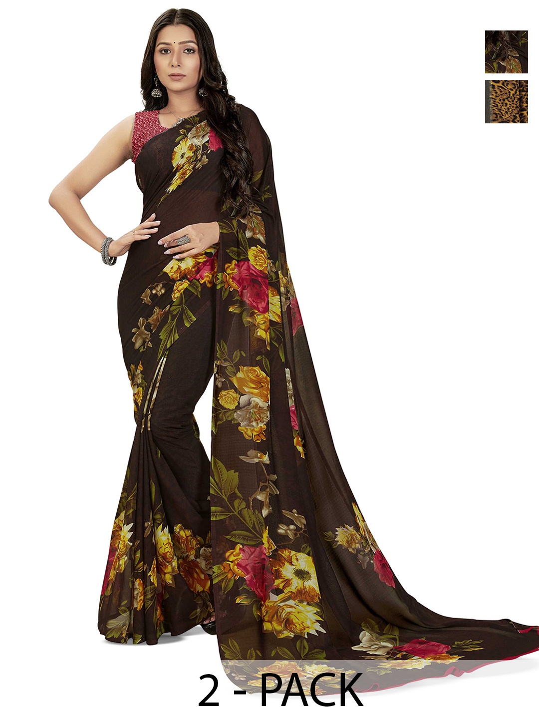 

ANAND SAREES Selection Of 2 Floral Printed Sarees, Black