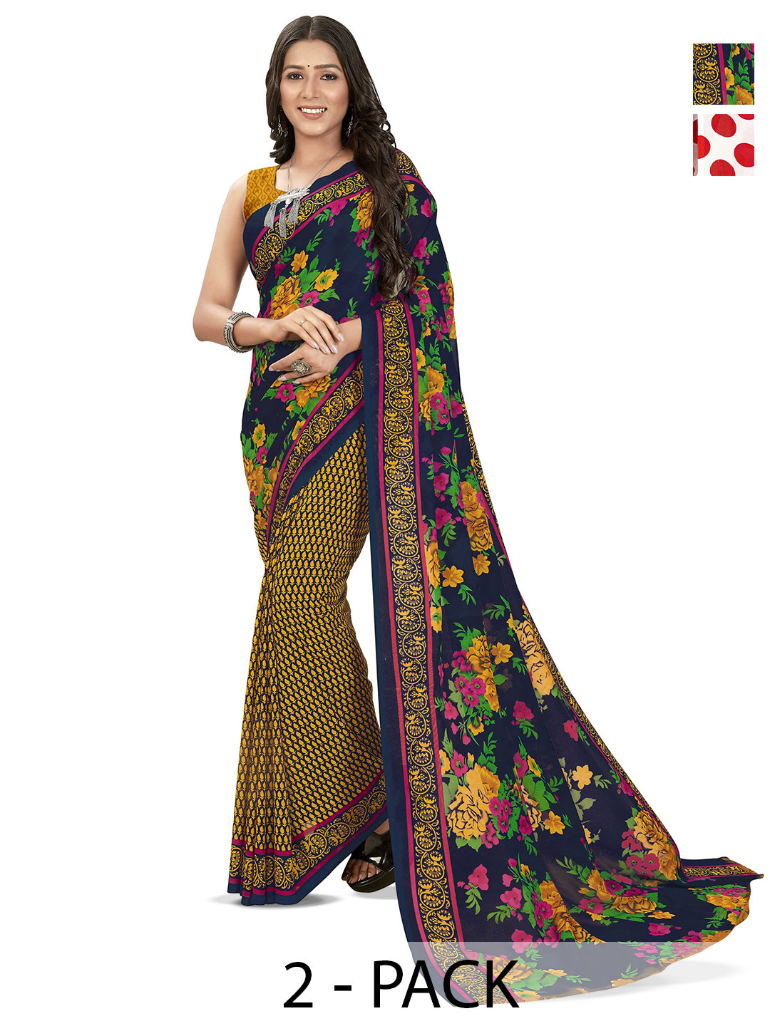 

ANAND SAREES Selection Of 2 Polka Dots Printed Saree, Red