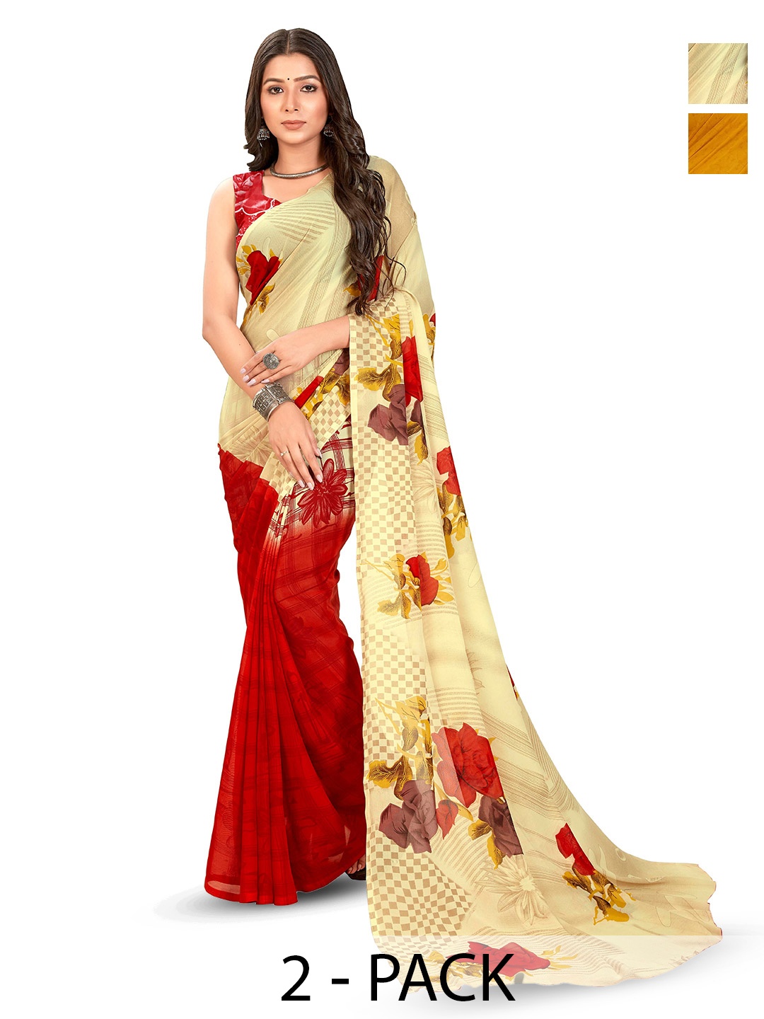 

ANAND SAREES Pack Of 2 Floral Printed Sarees, Yellow